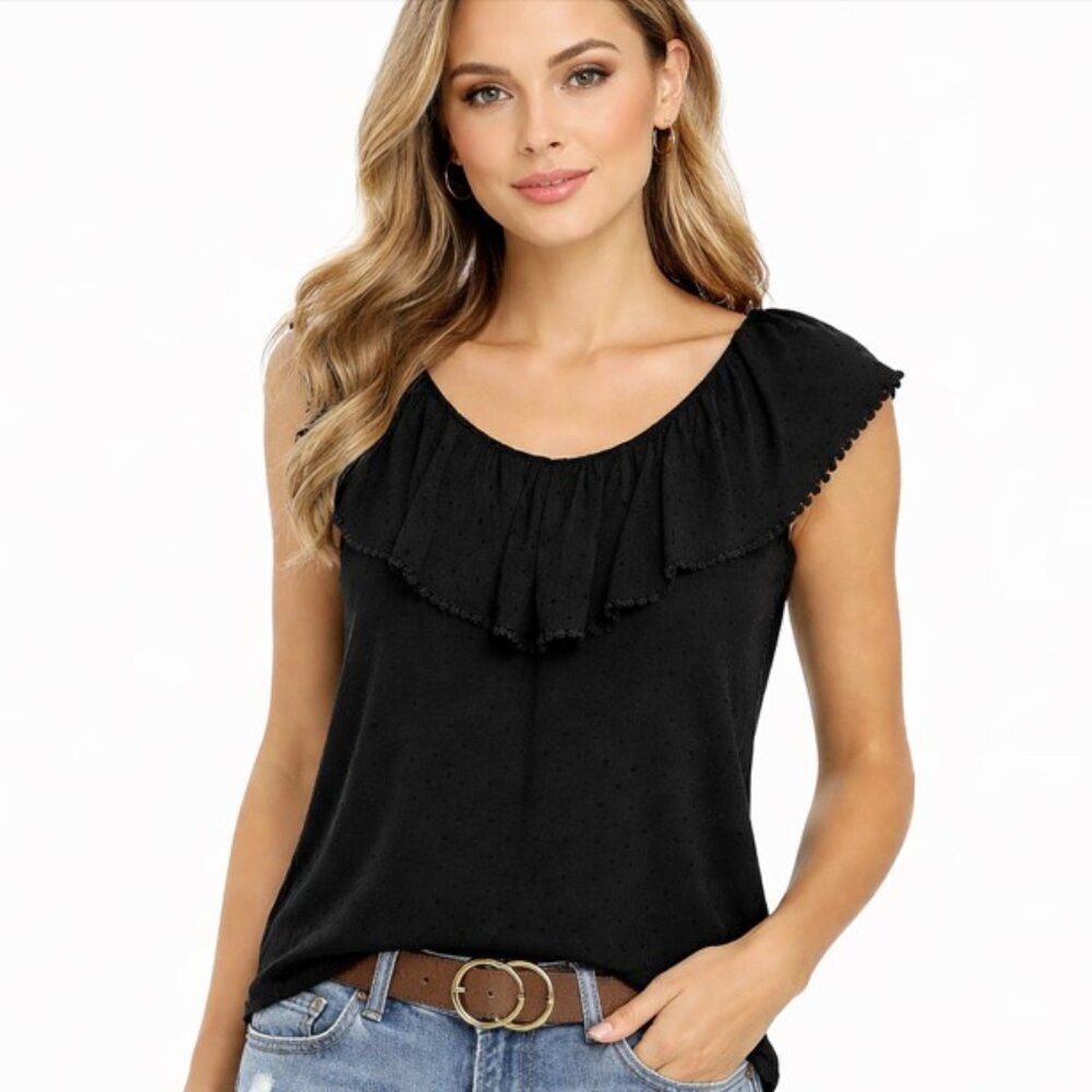 Maurices Black Sleeveless Clip Dot Ruffle Top Blouse size XL 100% Rayon Summer